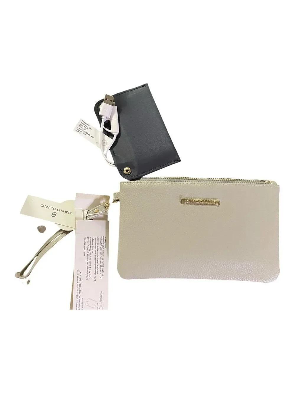 Bandolino Beige Wristlet Charging Pouch Clutch, USB Power Bank for Phone, NWT